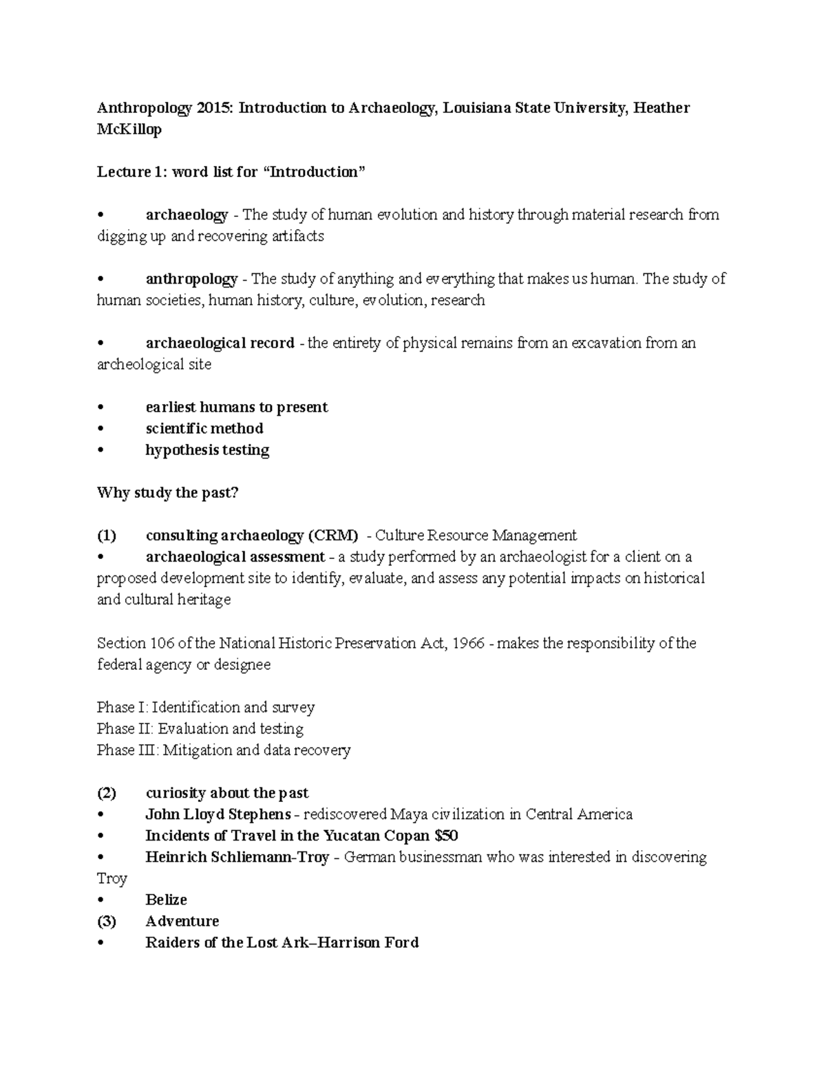 Anthropology 2015: Intro to Archaeology Lecture 1 & 3 Word Lists - Studocu