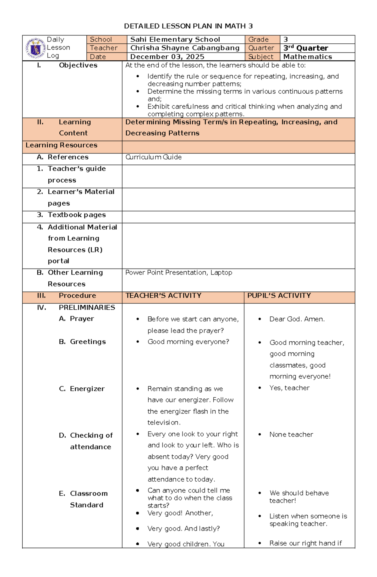 Detailed Lesson Plan for Math 3: Patterns & Sequences - Studocu
