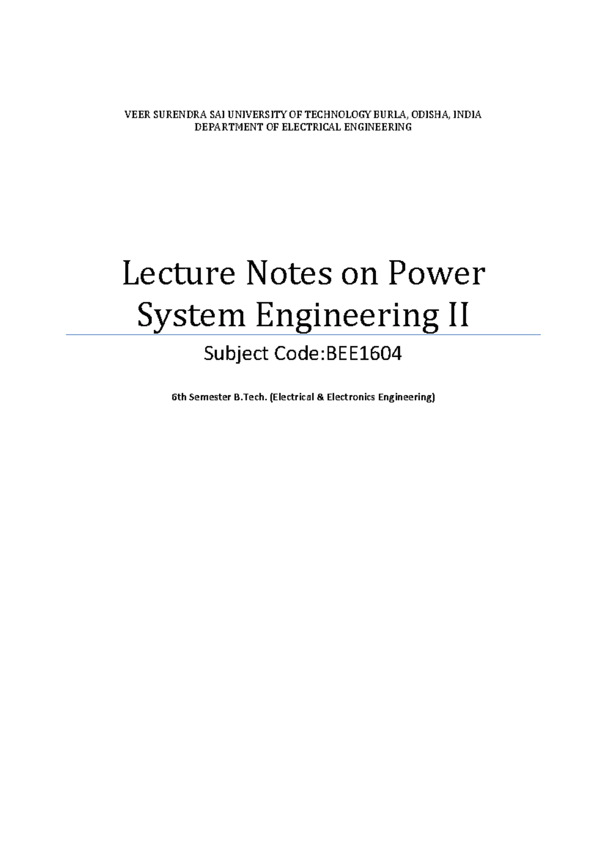 Lecture Notes on Power System Engineering II 1704963926 - VEER SURENDRA ...