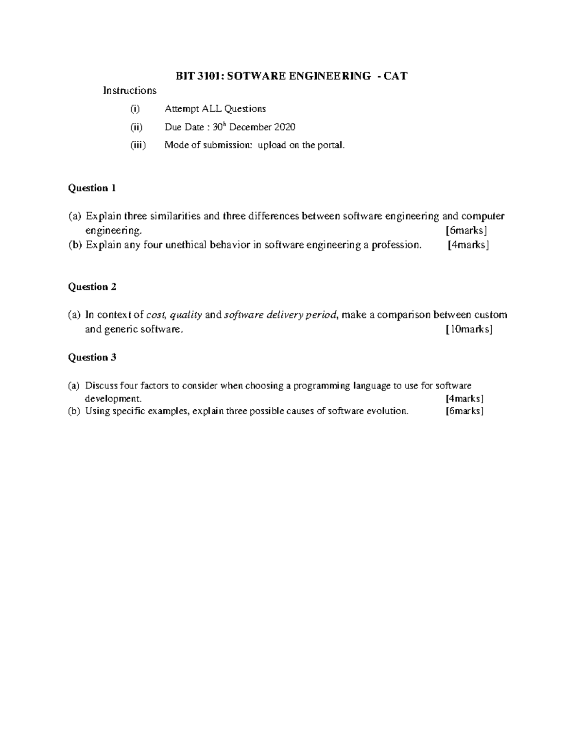 BIT 3101 Software Engineering - CAT Regular - BIT 3101: SOTWARE ...