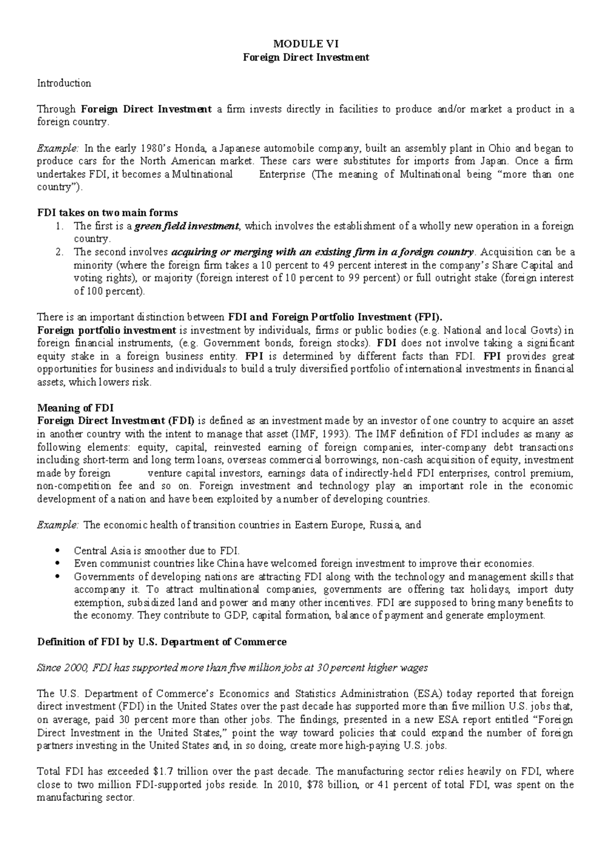 FDI - Module VI: Understanding Foreign Direct Investment Dynamics - Studocu