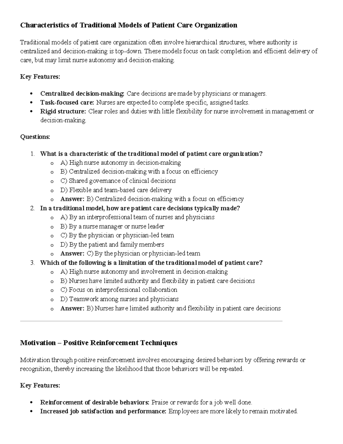 Exam 2 Study Guide: Key Concepts in Patient Care Models and Leadership ...