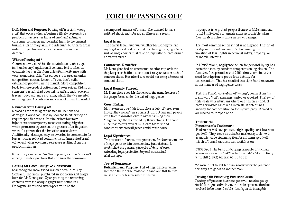 TORT OF PASSING OFF - LAWS121 Cheatsheet on Definition, Purpose & Cases ...