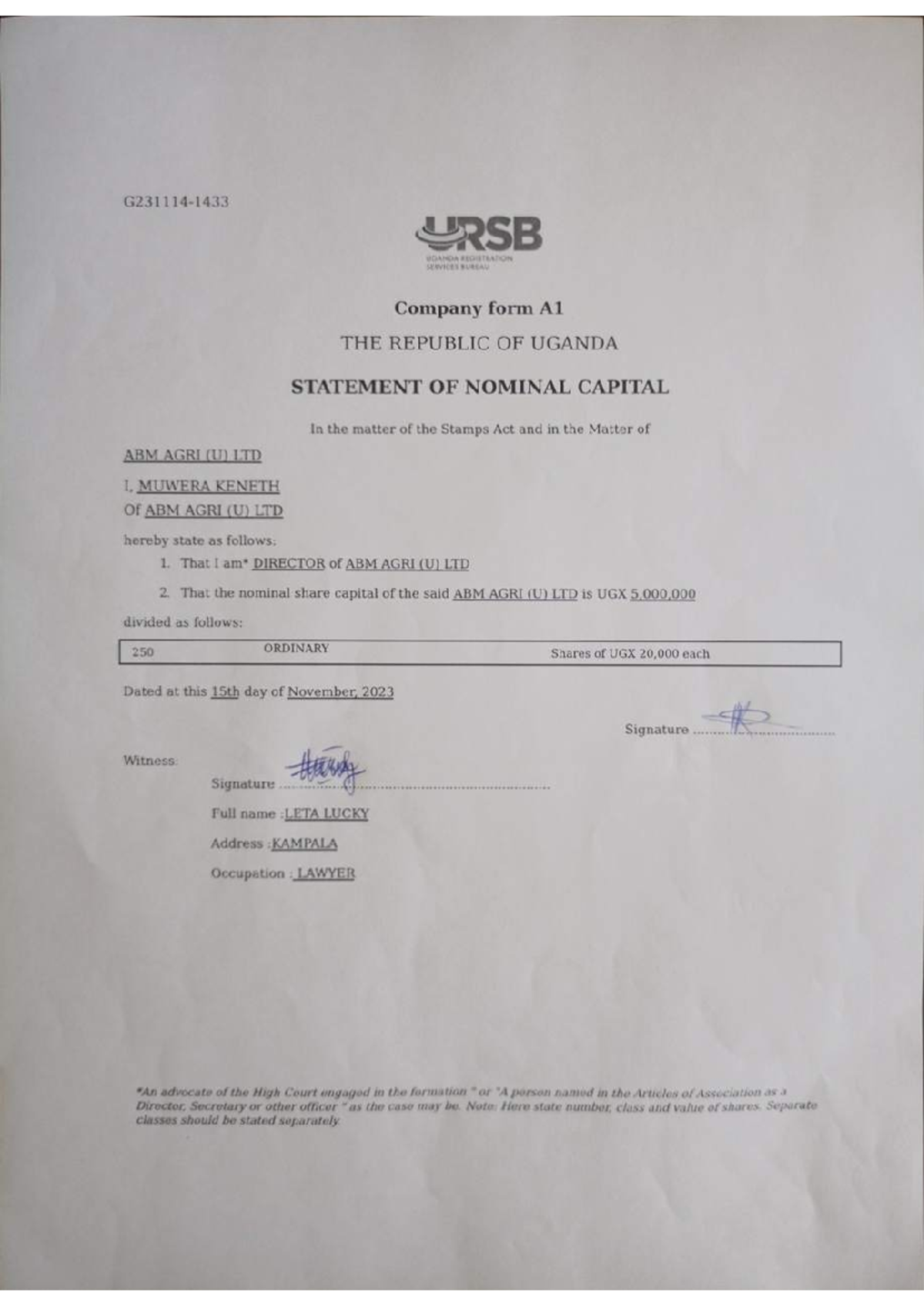 Company law form A1 - URSB UDANDA REGISTRATION SERVICES BUREAU Company ...