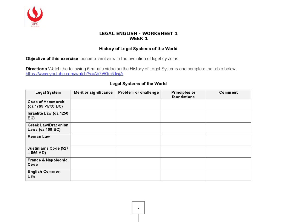 LEGAL ENGLISH WORKSHEET 1: Overview of Global Legal Systems - Studocu