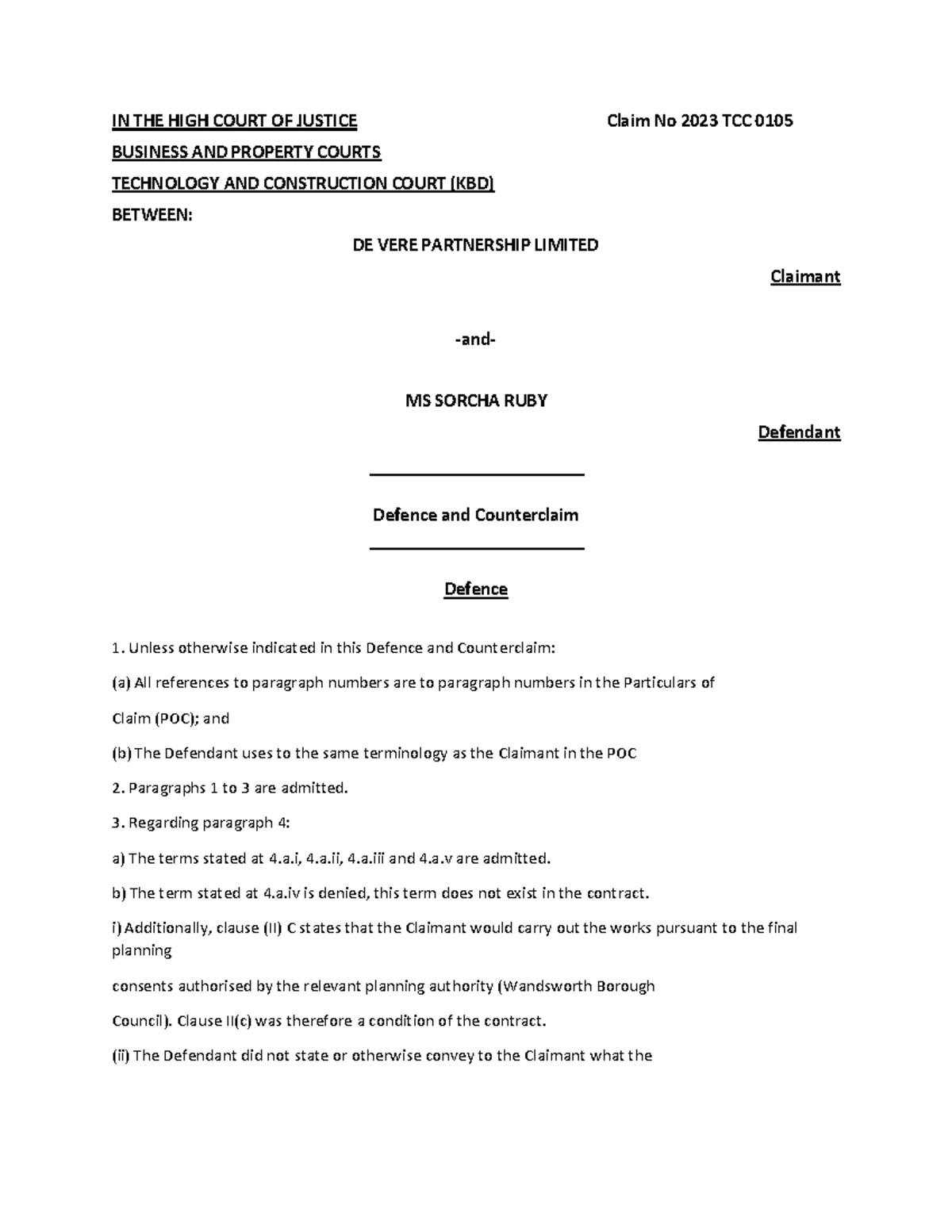 Defence and Counterclaim in High Court Case No. 2023 TCC 0105 - Studocu