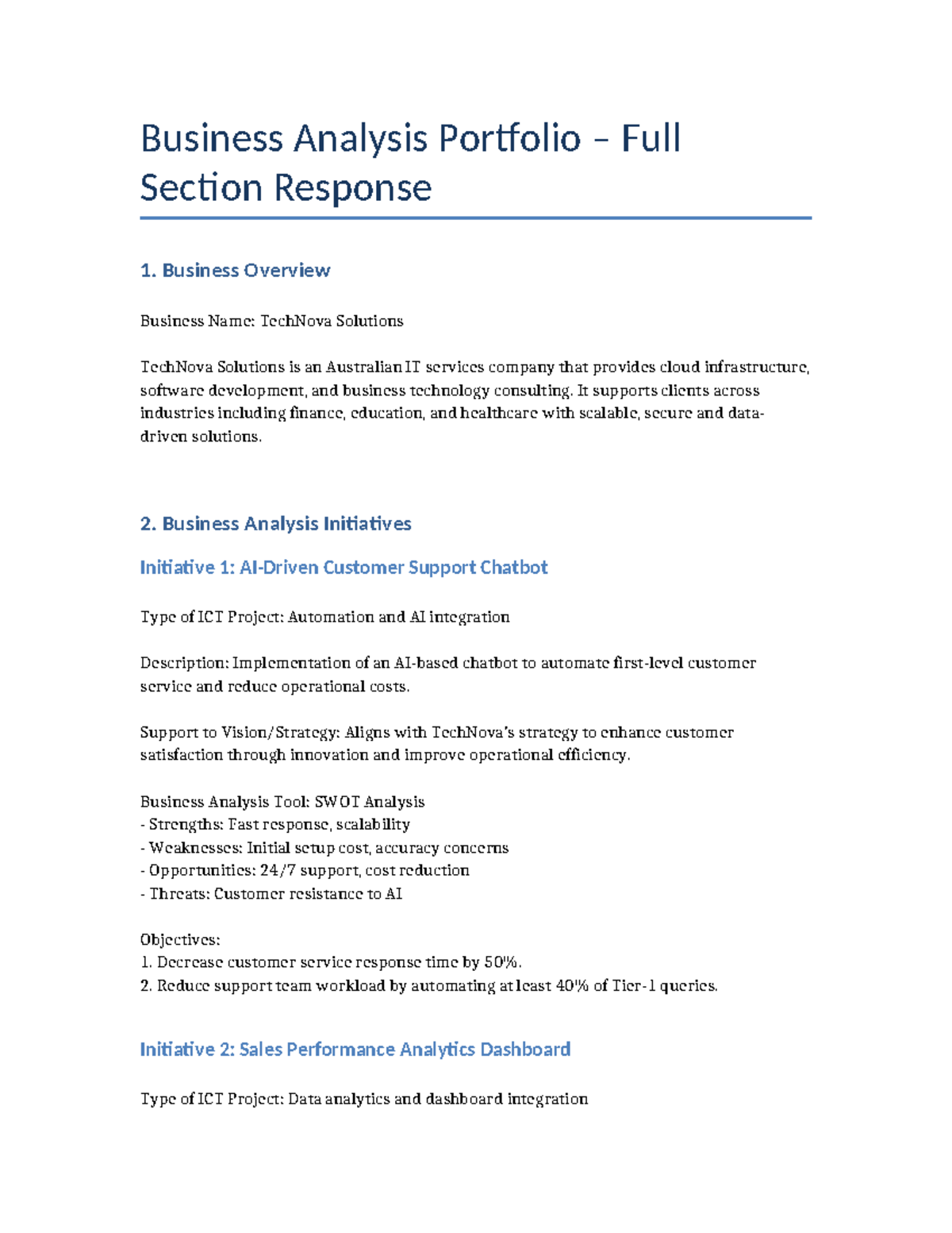 Business Analysis Portfolio: TechNova Solutions Overview & Initiatives ...