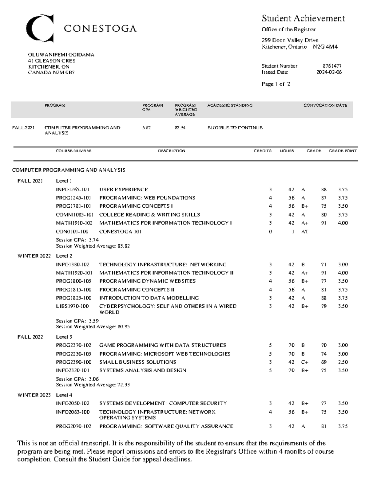 Nifemi Grade-Transcript - PROGRAM PROGRAM GPA PROGRAM WEIGHTED AVERAGE ...