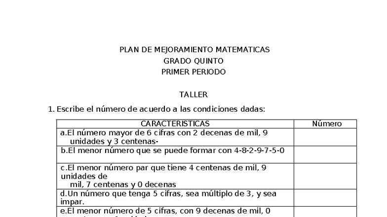 Plan de Mejora en Matemáticas Grado 5 - Primer Periodo - Studocu