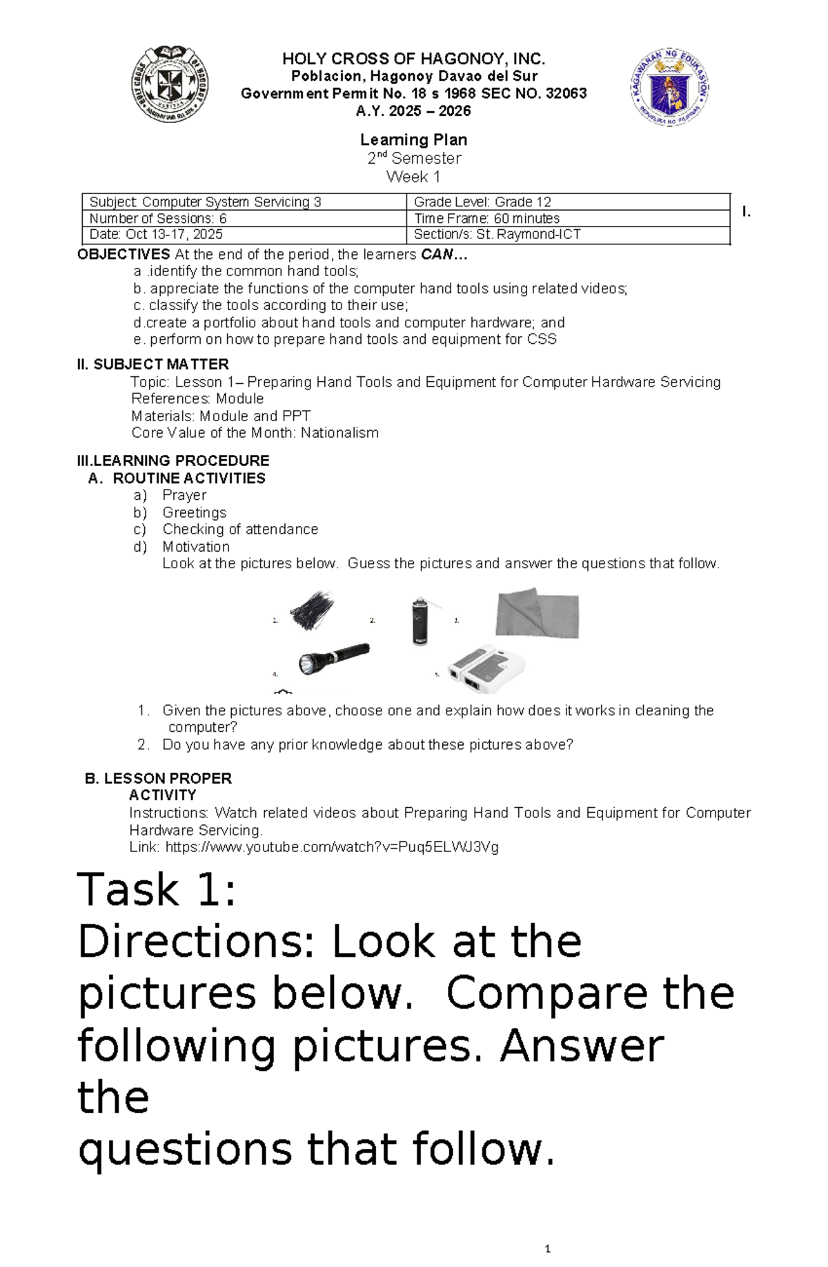 Lesson Plan: Preparing Hand Tools for Computer Servicing (CSS 3) - Studocu