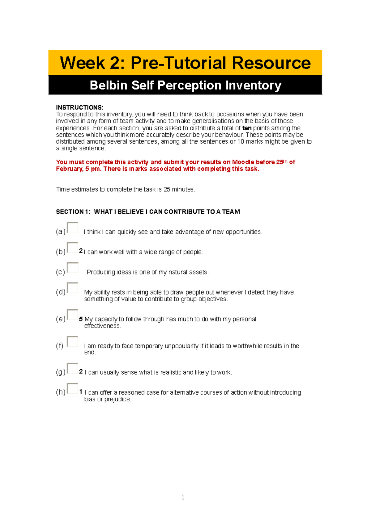 Week 2: Belbin Self Perception Inventory Survey Instructions - Studocu
