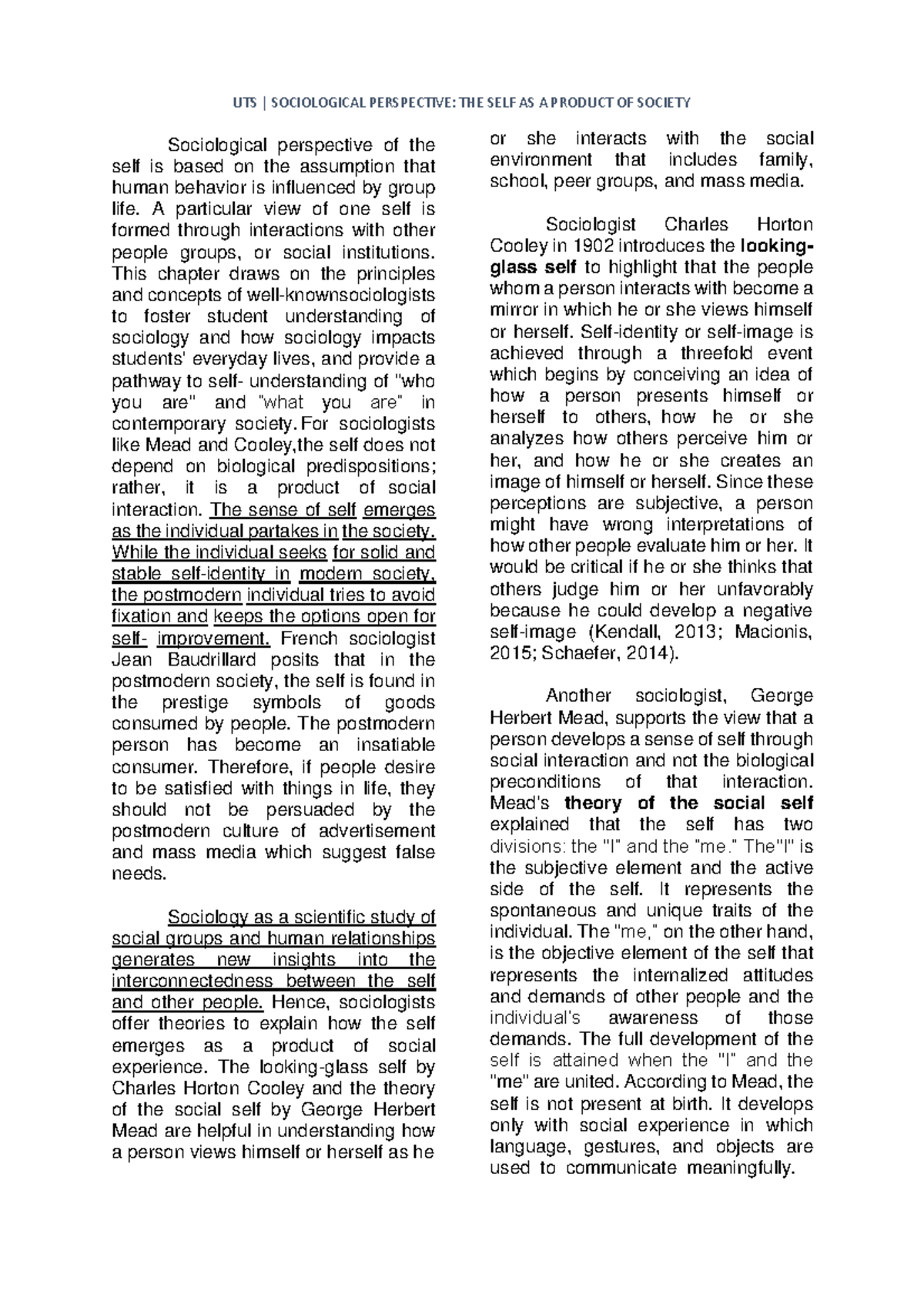 UTS Lecture Notes: Chapter 2 - Sociological Perspective on Self - Studocu