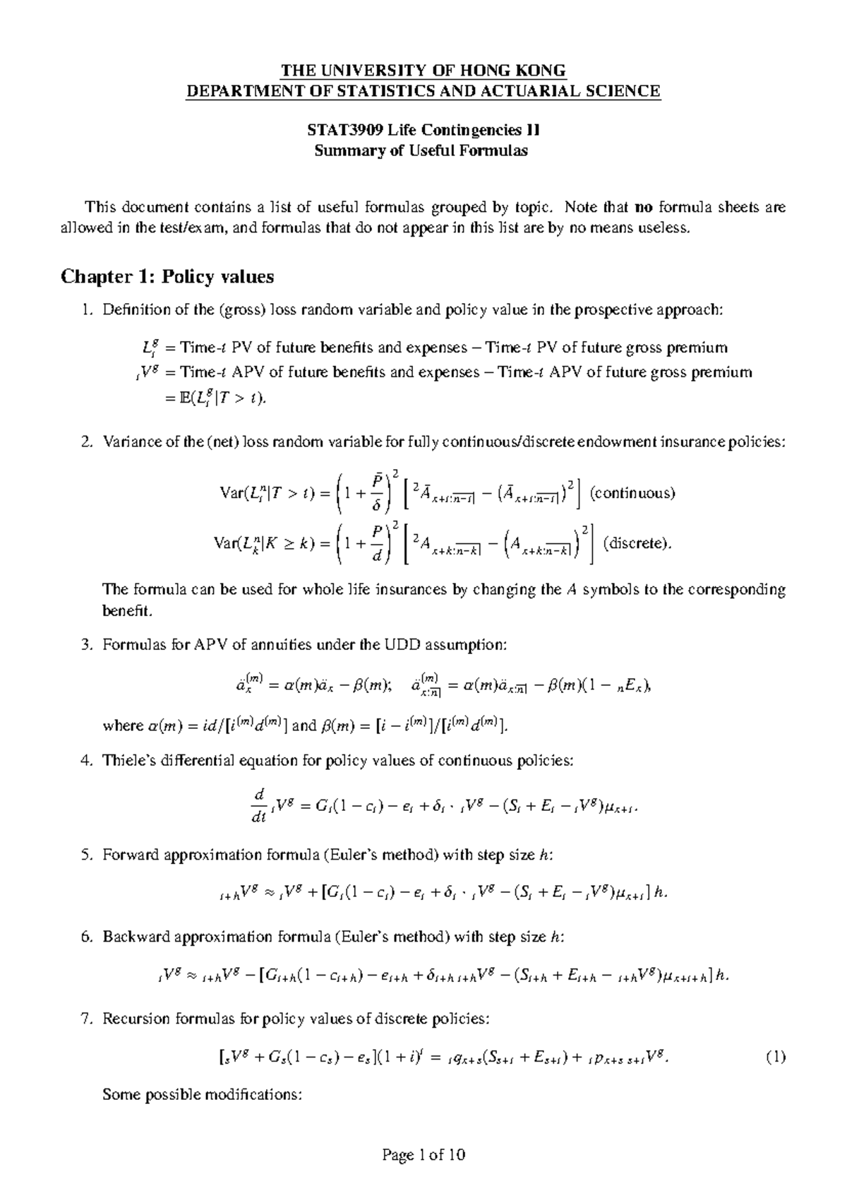 STAT3909 Life Contingencies II: Summary of Useful Formulas - Studocu