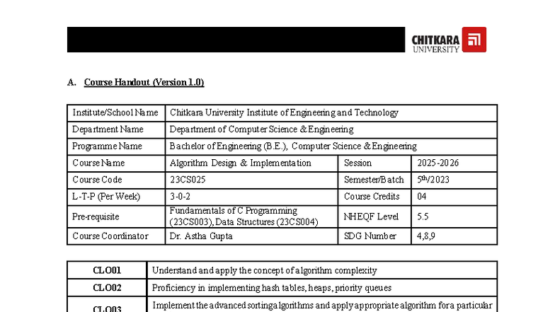 Course Plan for Algorithm Design Implementation (23CS025) - Studocu
