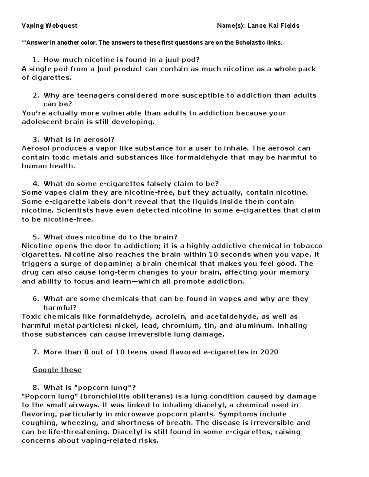 tobacco webquest Vaping Webquest Assignment - Understanding Risks and Effects