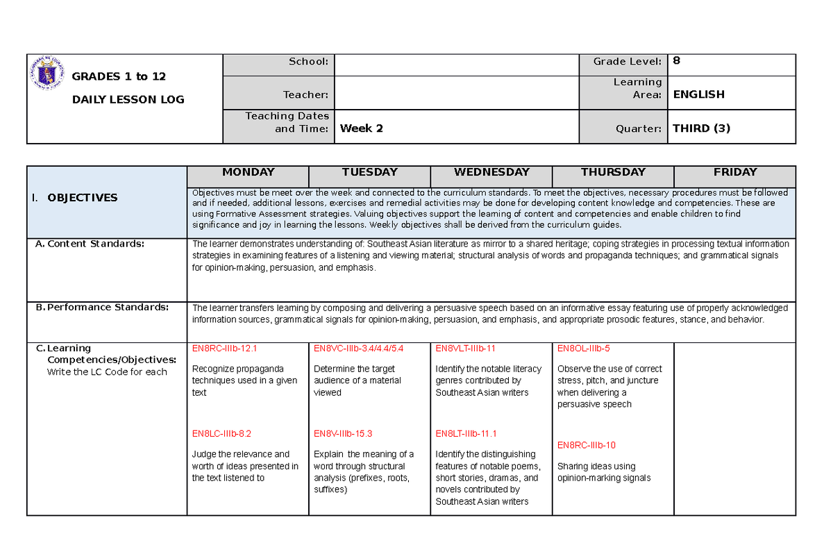 DAILY LESSON LOG ENGLISH EIGHT - GRADES 1 to 12 DAILY LESSON LOG School ...