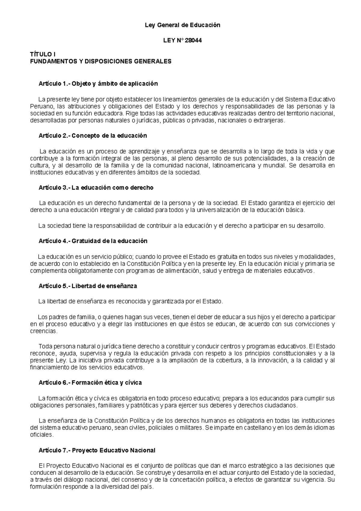 Ley General de Educación LEY Nº 28044: Fundamentos y Disposiciones ...