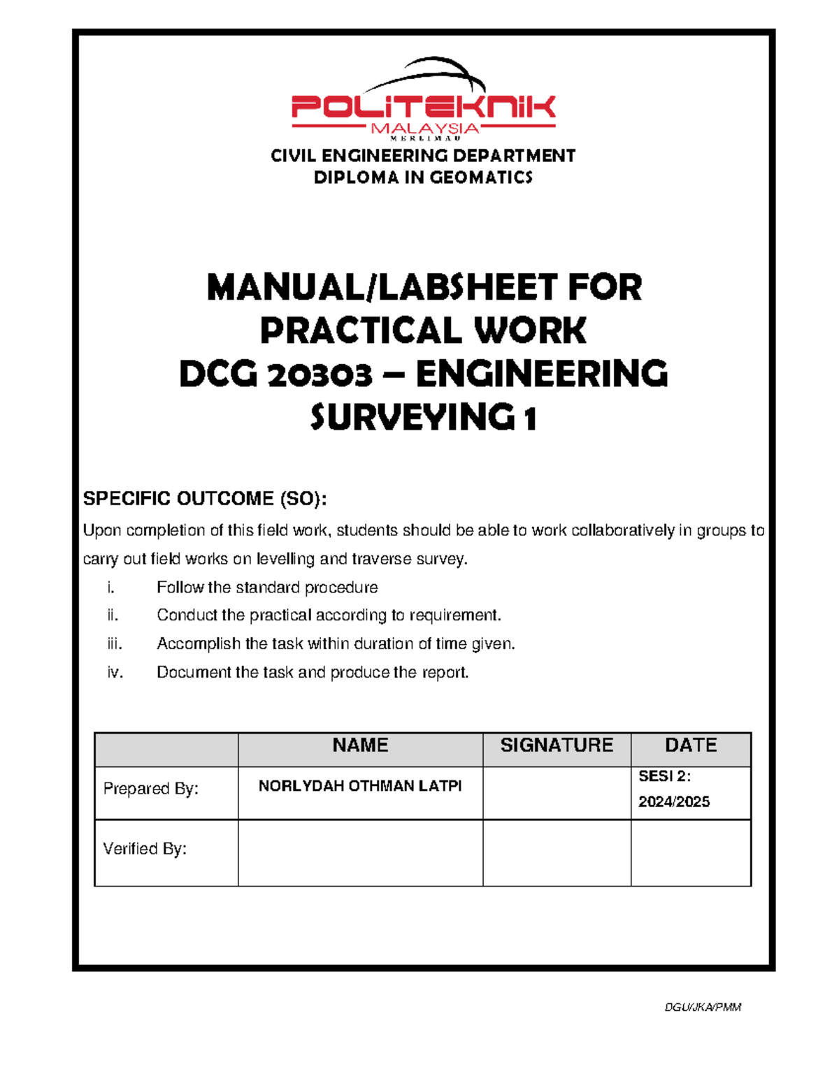DCG 20303 - Engineering Surveying 1: Manual for Practical Work Booking ...
