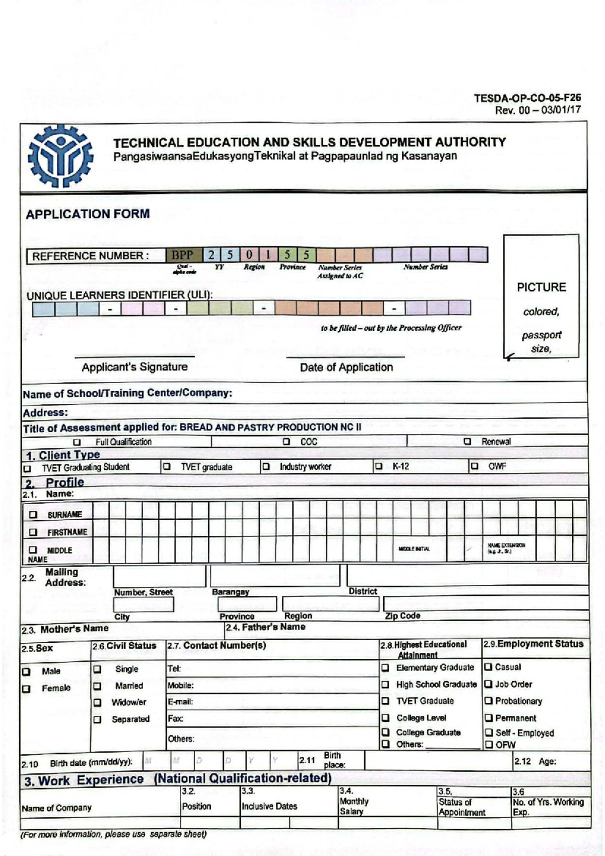 BPP 250155 Application Form for BREAD AND PASTRY PRODUCTION NC II - Studocu