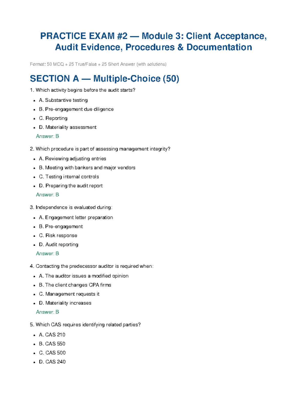 Practice Exam M3: Client Acceptance & Audit Evidence (100 Qs) - Studocu