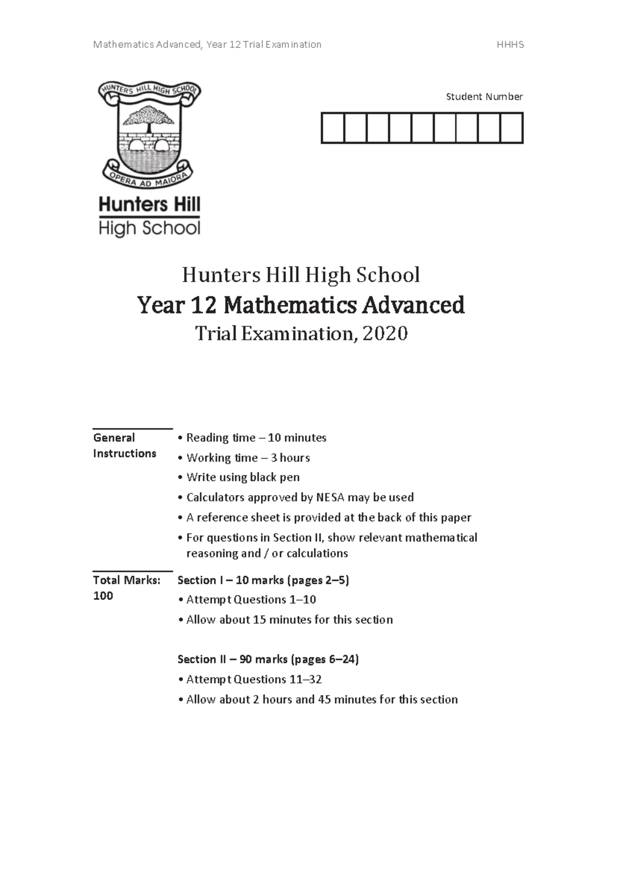 Hunters Hill 2020 2U Trials & Solutions - Mathematics Advanced, Year 12 ...