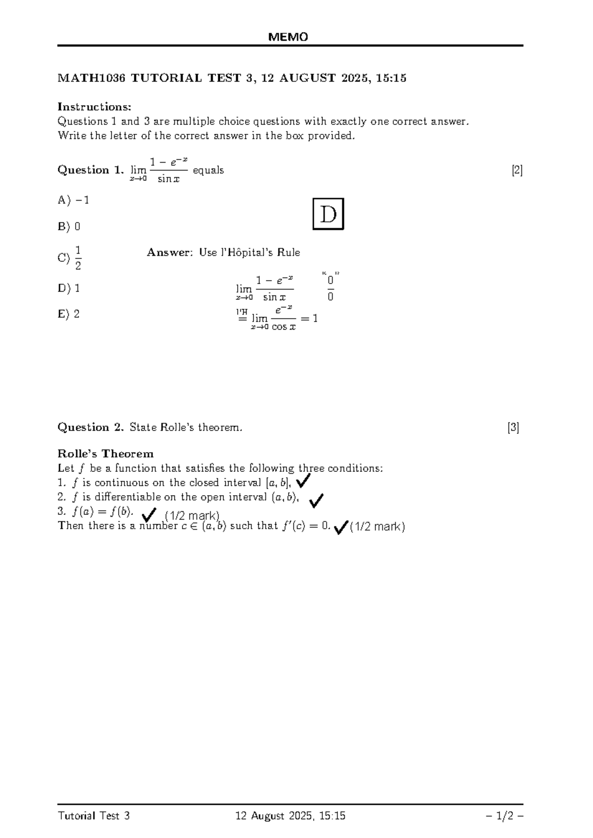 MATH1036 Tutorial Test 3 Memo - 12 Aug 2025, 15:15 - Studocu