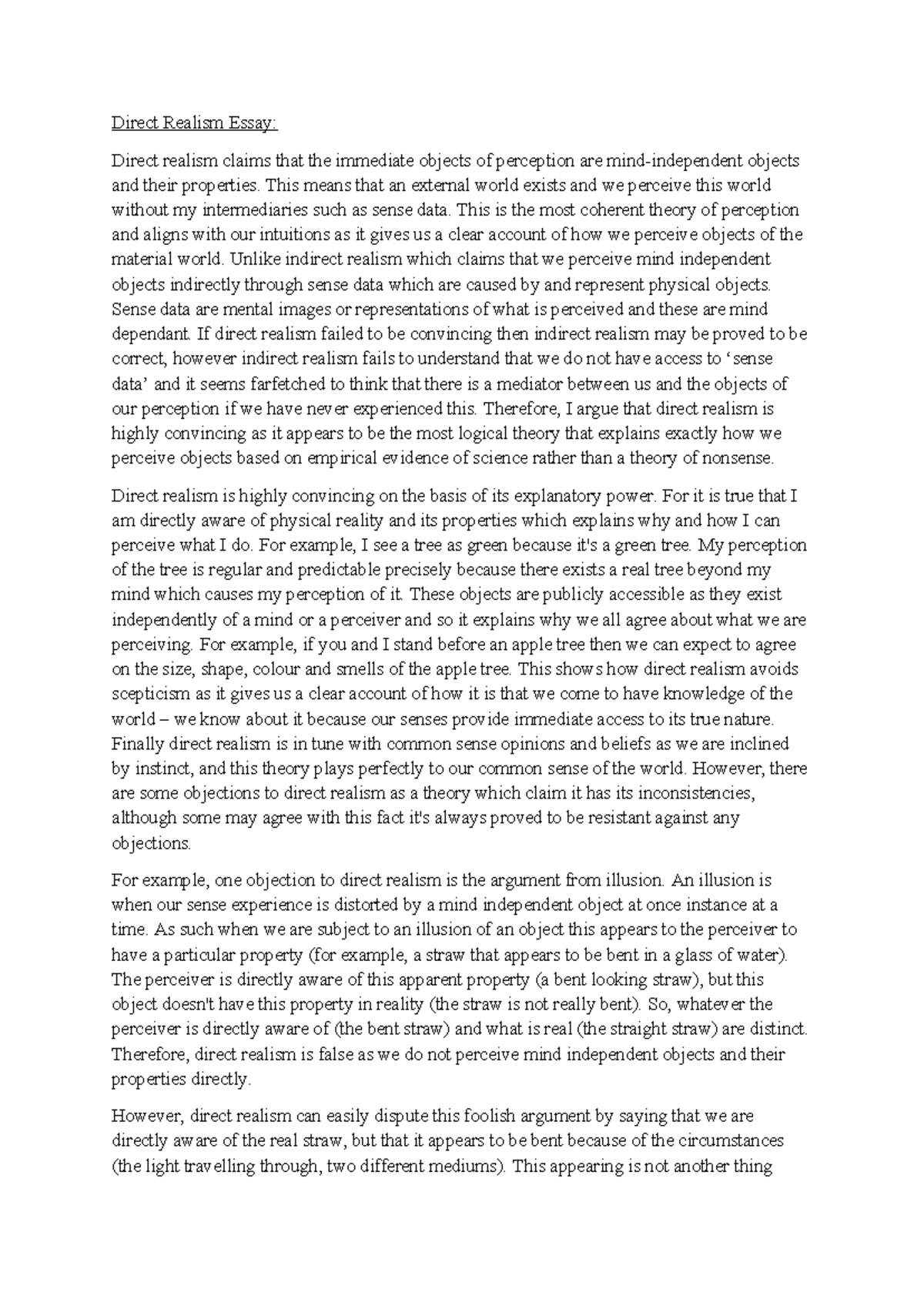 PHIL 101: Direct Realism Essay - Defending Perception Theory - Studocu