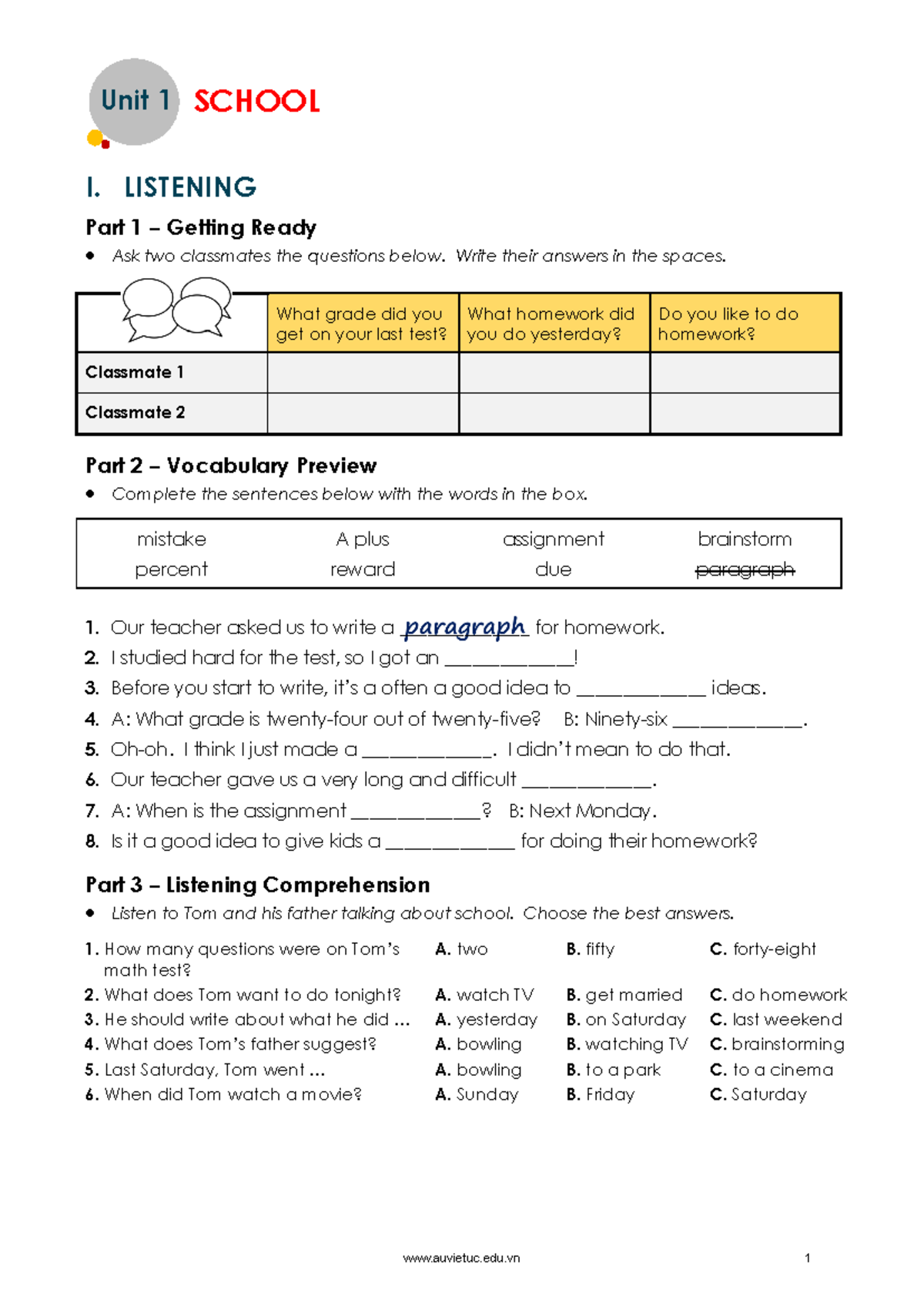 Unit 1 Listening & Vocabulary Practice - Skill Focused 123 - Studocu