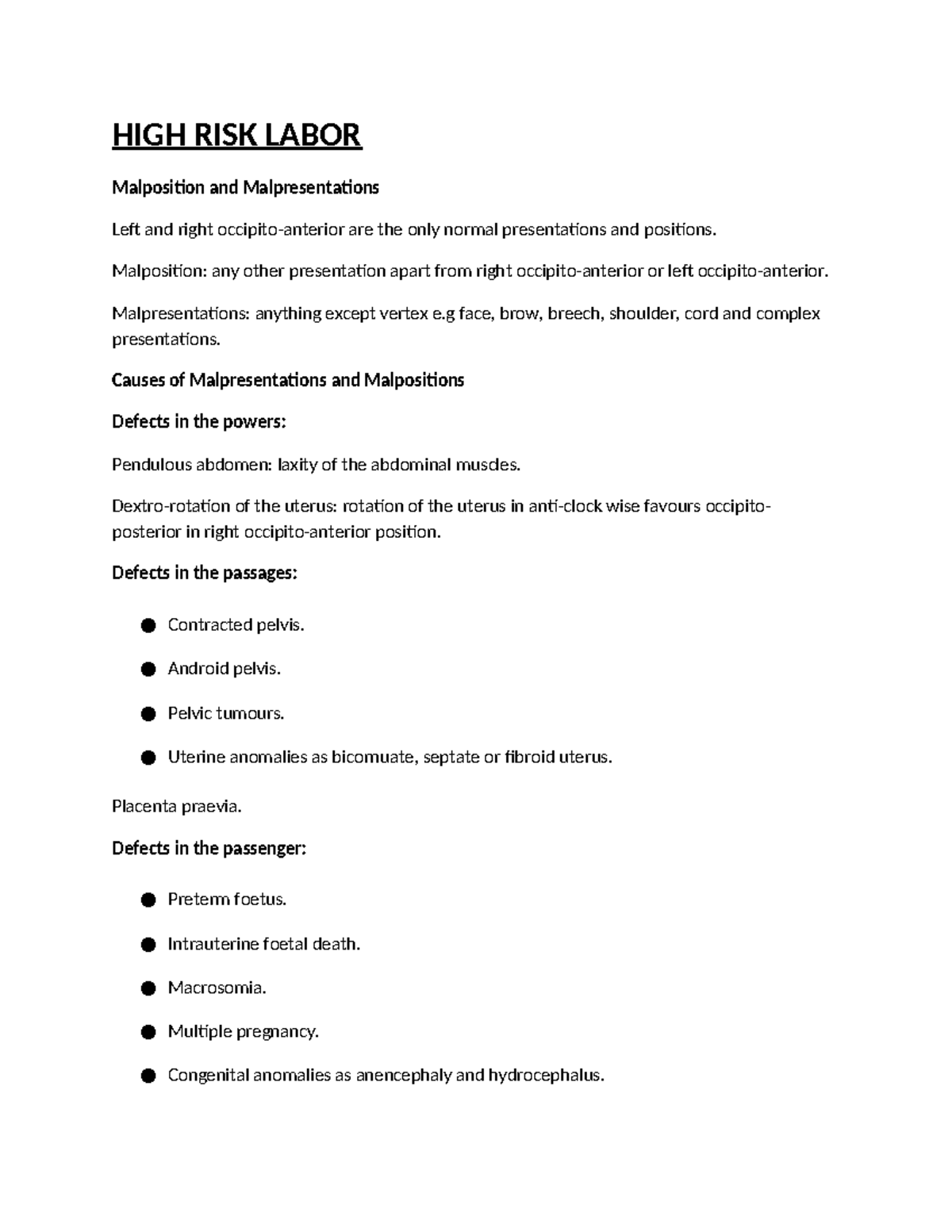 HIGH RISK LABOR: Malposition and Malpresentation Overview - Studocu