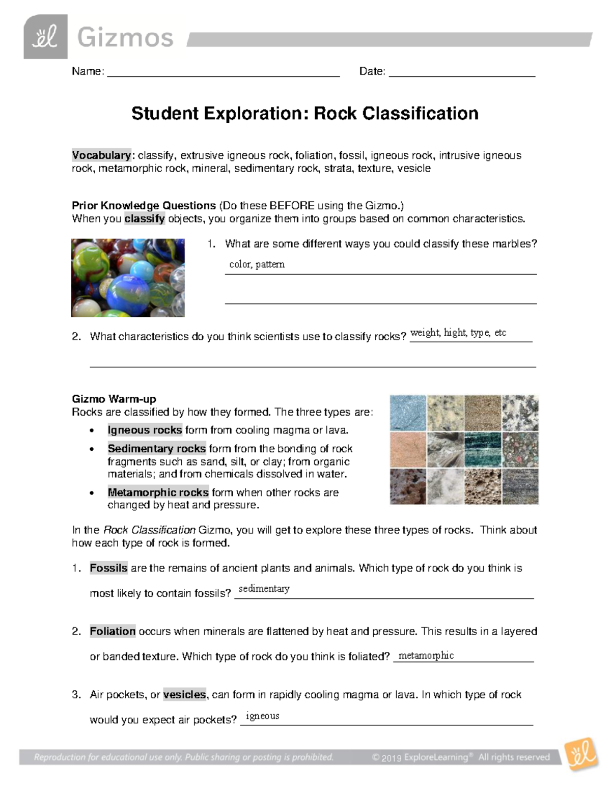 Rock Classification SE: Student Exploration 2019 - Studocu