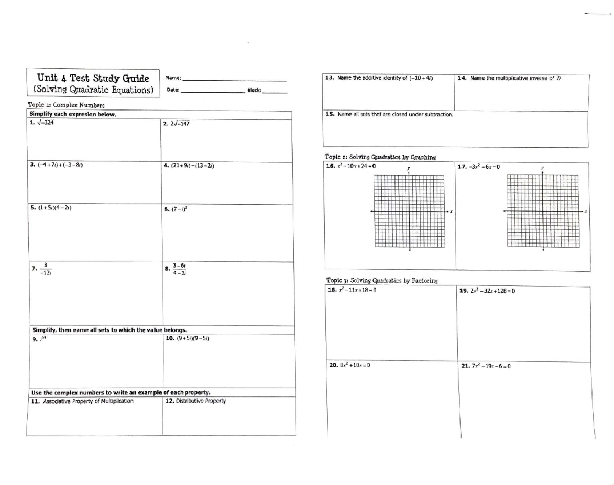 Unit 4 Test Study Guide (Quadratic Equations and Polynomial Functions ...