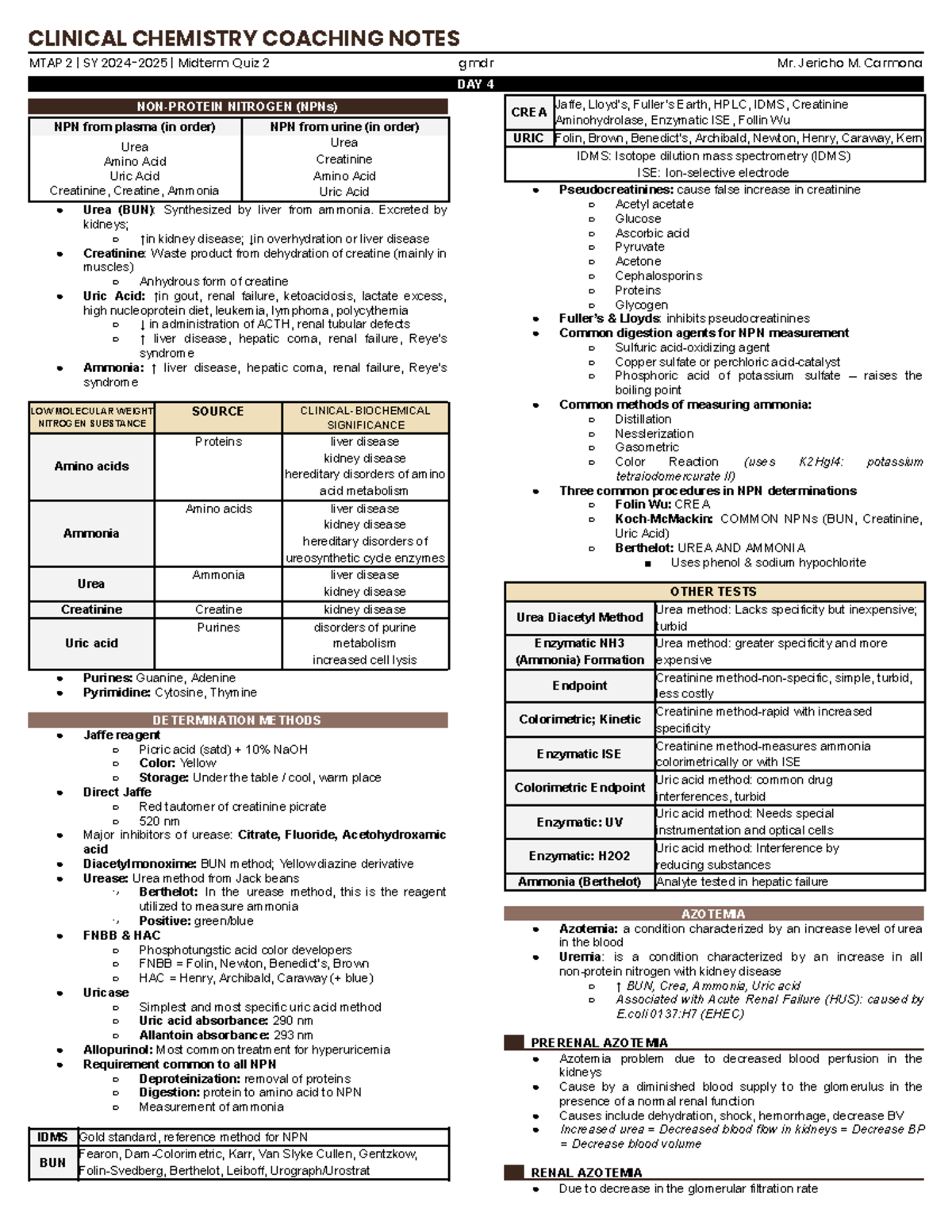 MTAP 2 Midterm quiz 3 notes on nitrogen and clinical chemistry - Studocu