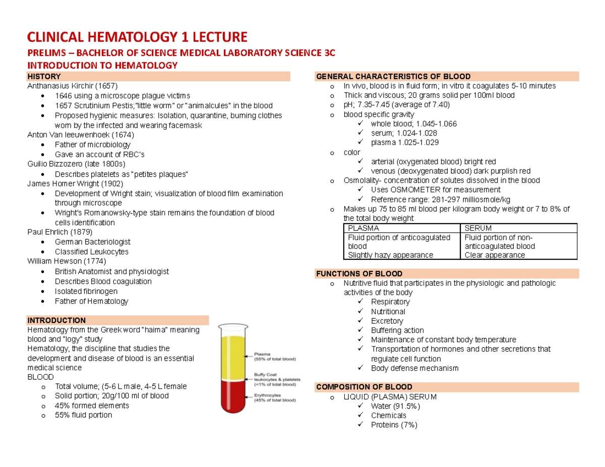 Intro to Hematology - HEM 101 Lecture Notes on Blood Disorders - Studocu