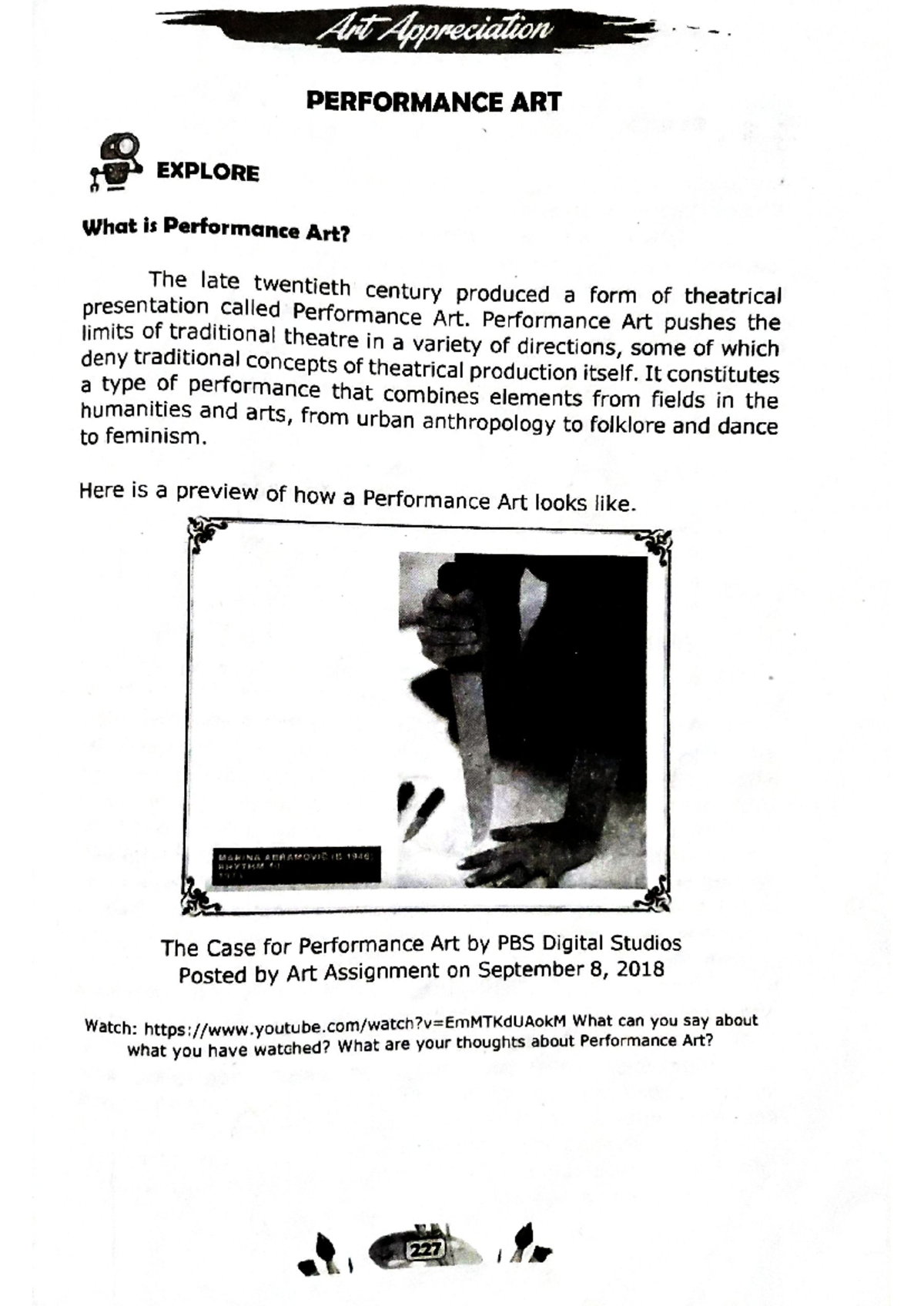 Performing Arts (Performance Art) - Art Appreciation - PangSU - Studocu