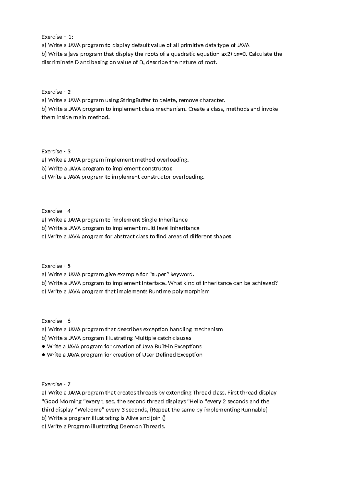 JAVA LAB R23 Internal: Exercises on Java Programming Concepts - Studocu