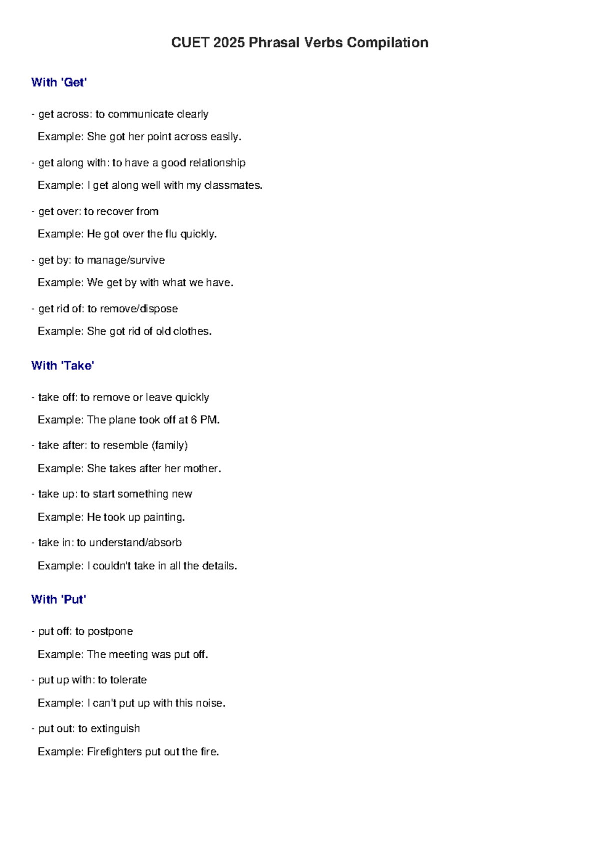 CUET 2025 Comprehensive Phrasal Verbs Guide - Studocu