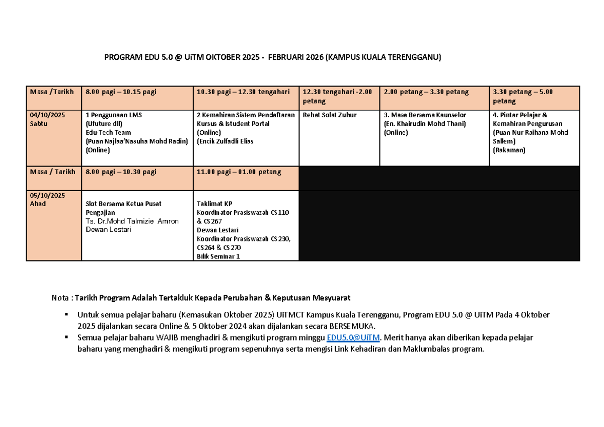 Program EDU 5.0 UiTM: Jadual dan Aktiviti (Okt 2025 - Feb 2026) - Studocu