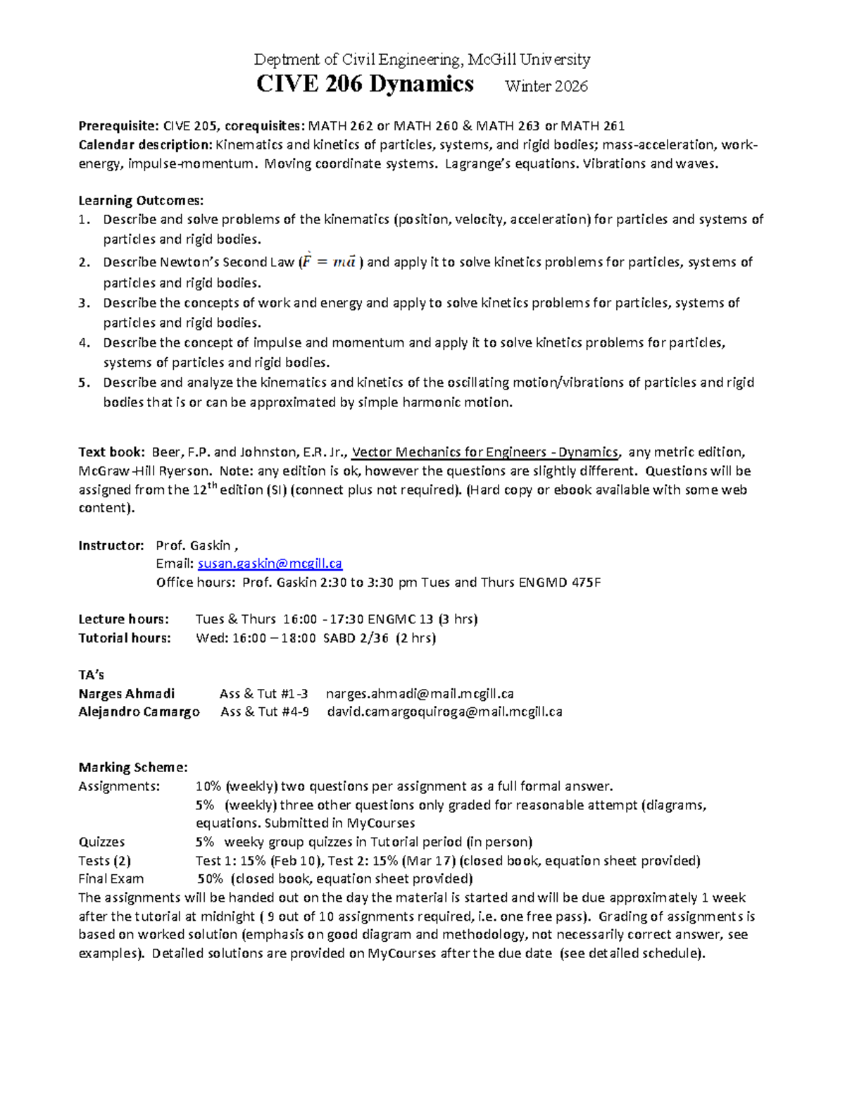 CIVE 206 Dynamics Winter 2026: Course Outline and Schedule - Studocu