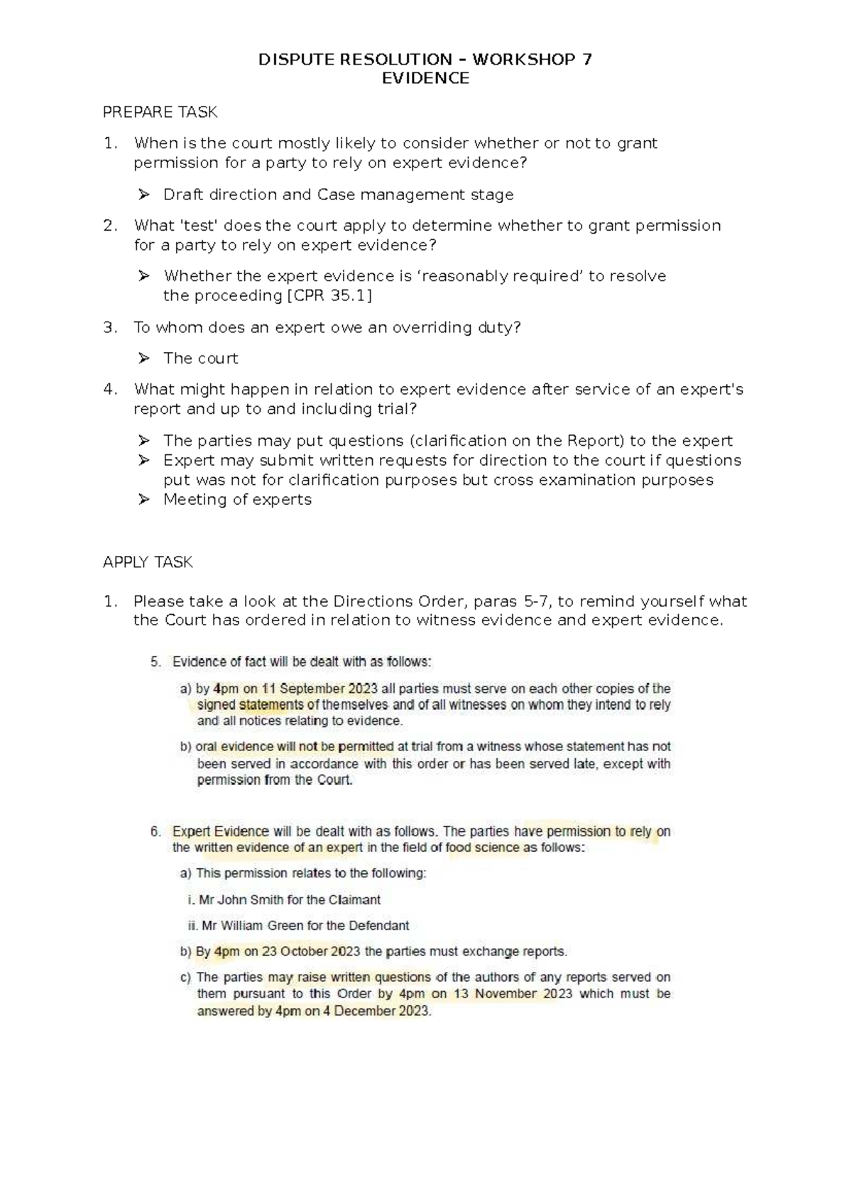 DISPUTE RESOLUTION WORKSHOP 7: EVIDENCE PREPARATION TASK 1 - Studocu