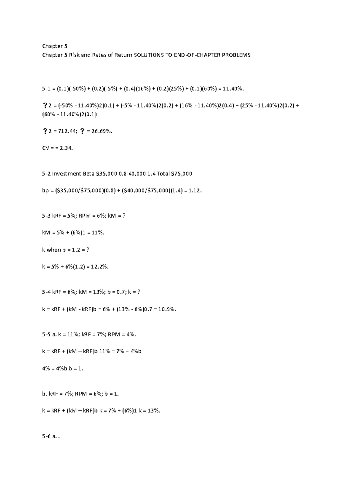 Chapter 5 solution - Chapter 5 Chapter 5 Risk and Rates of Return ...