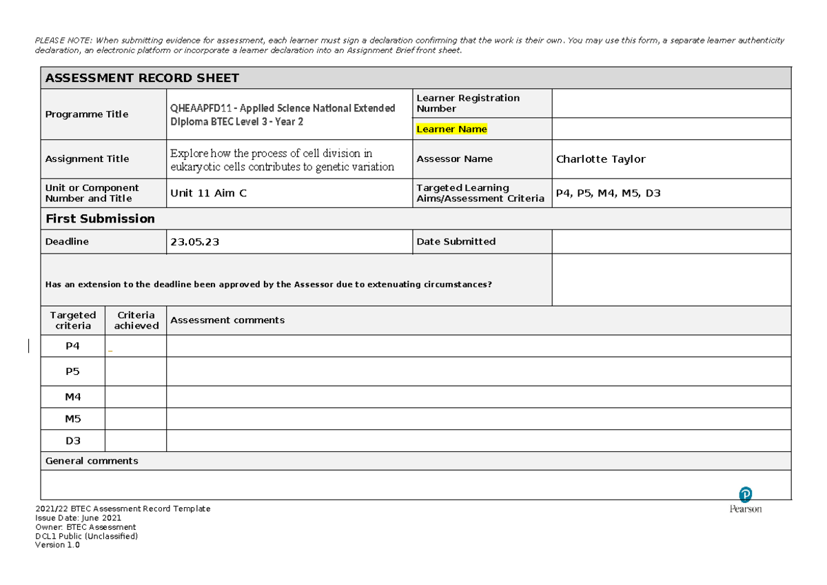 Assessment Sheet Unit 11C - declaration, an electronic platform or ...