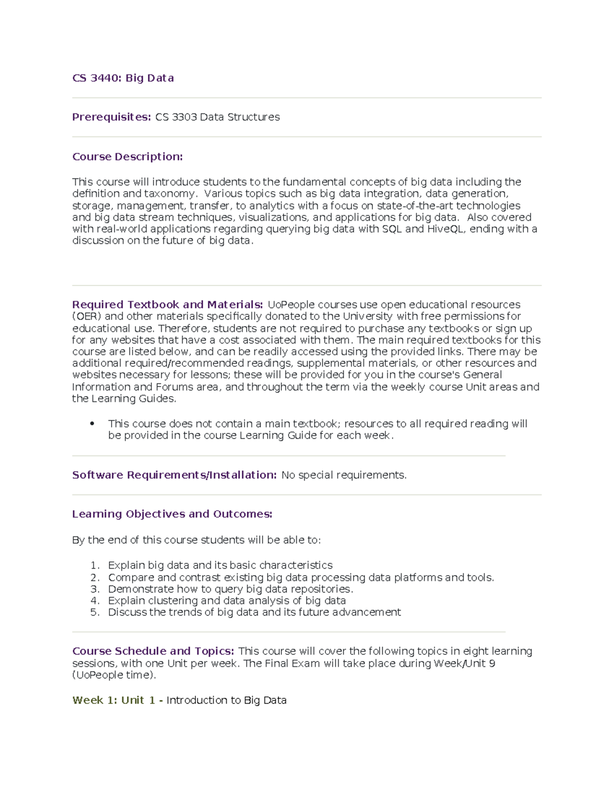 CS 3440 Syllabus: Introduction to Big Data and Course Overview - Studocu
