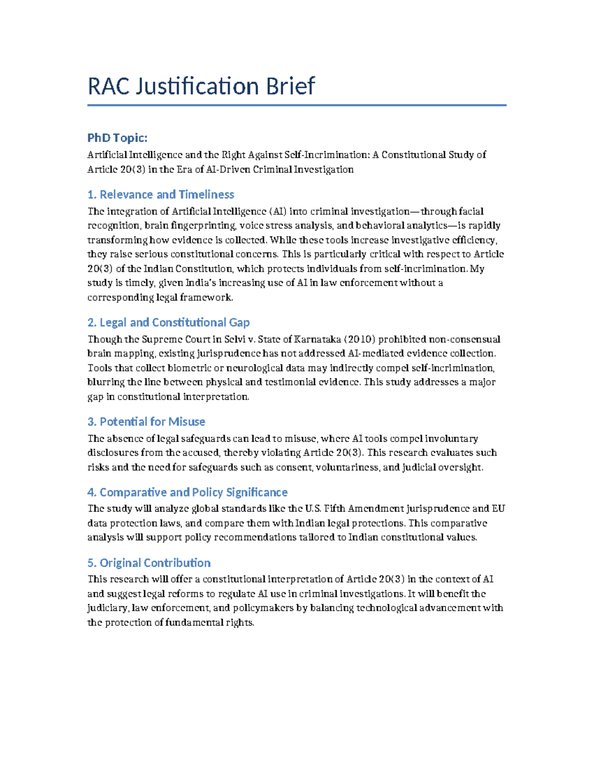 RAC Justification Brief: AI and Self-Incrimination in Criminal Law ...