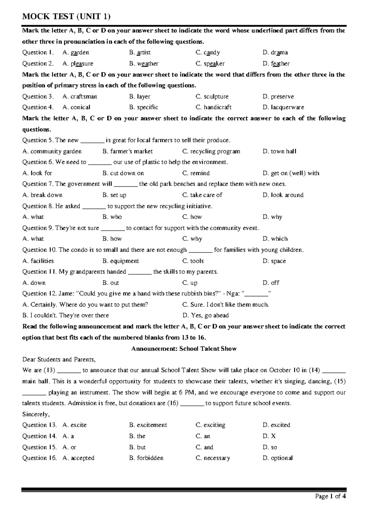 MOCK TEST FOR UNIT 1 (01): Pronunciation, Stress, and Comprehension ...