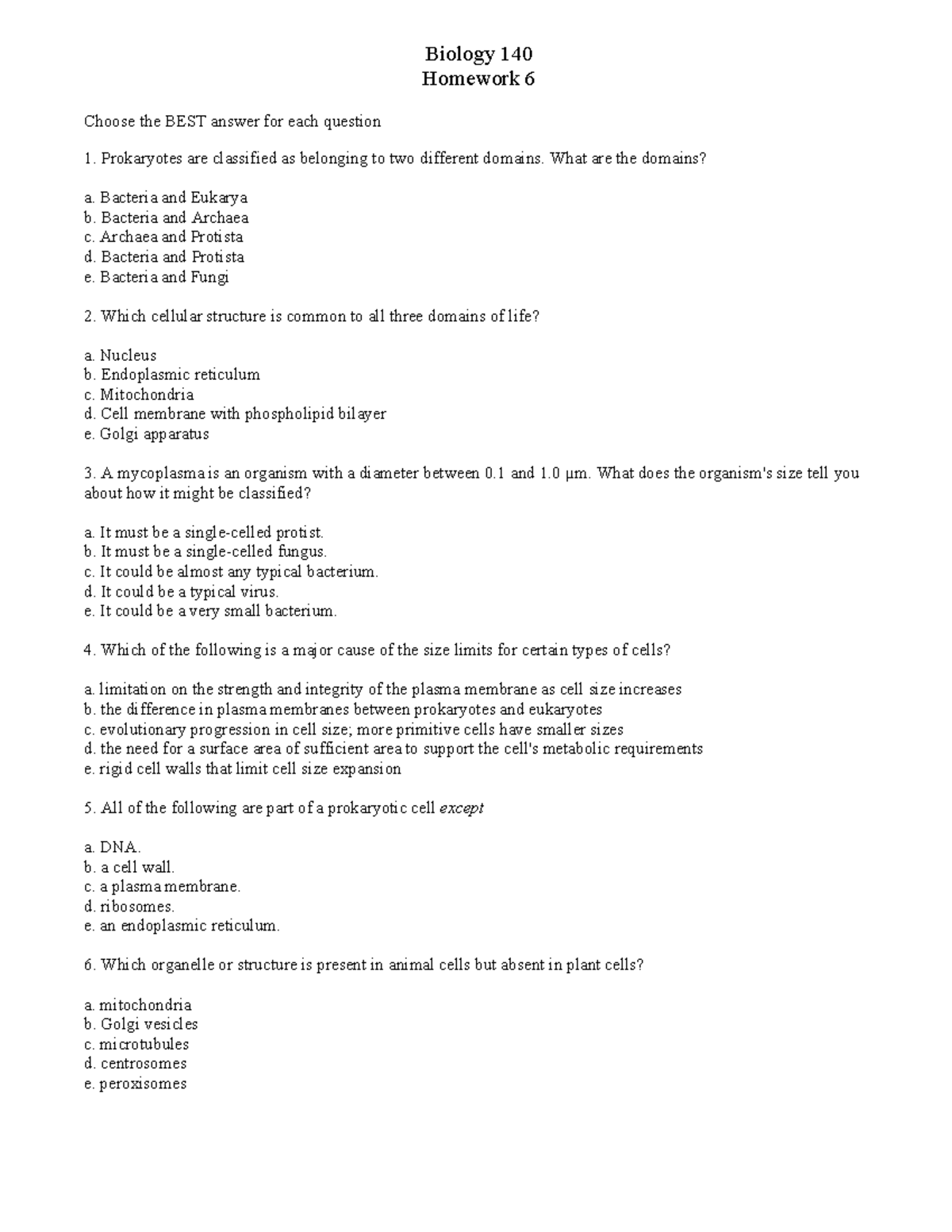 Biology 140: Homework 6 - Cell Structure & Function Qs - Studocu