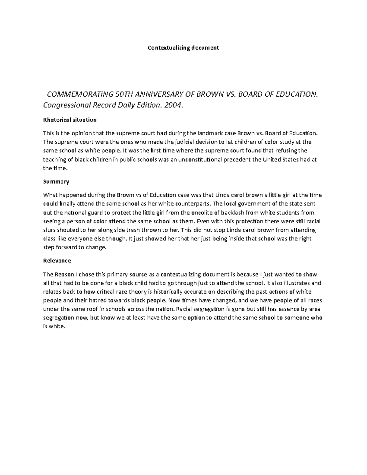 Contextual Document on 50th Anniv. of Brown vs. Board of Ed - CONTEUAL ...