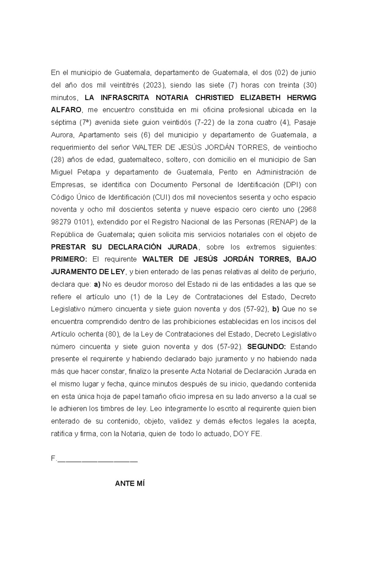 Acta Notarial de Declaración Jurada - Guatemala 2023 - Studocu