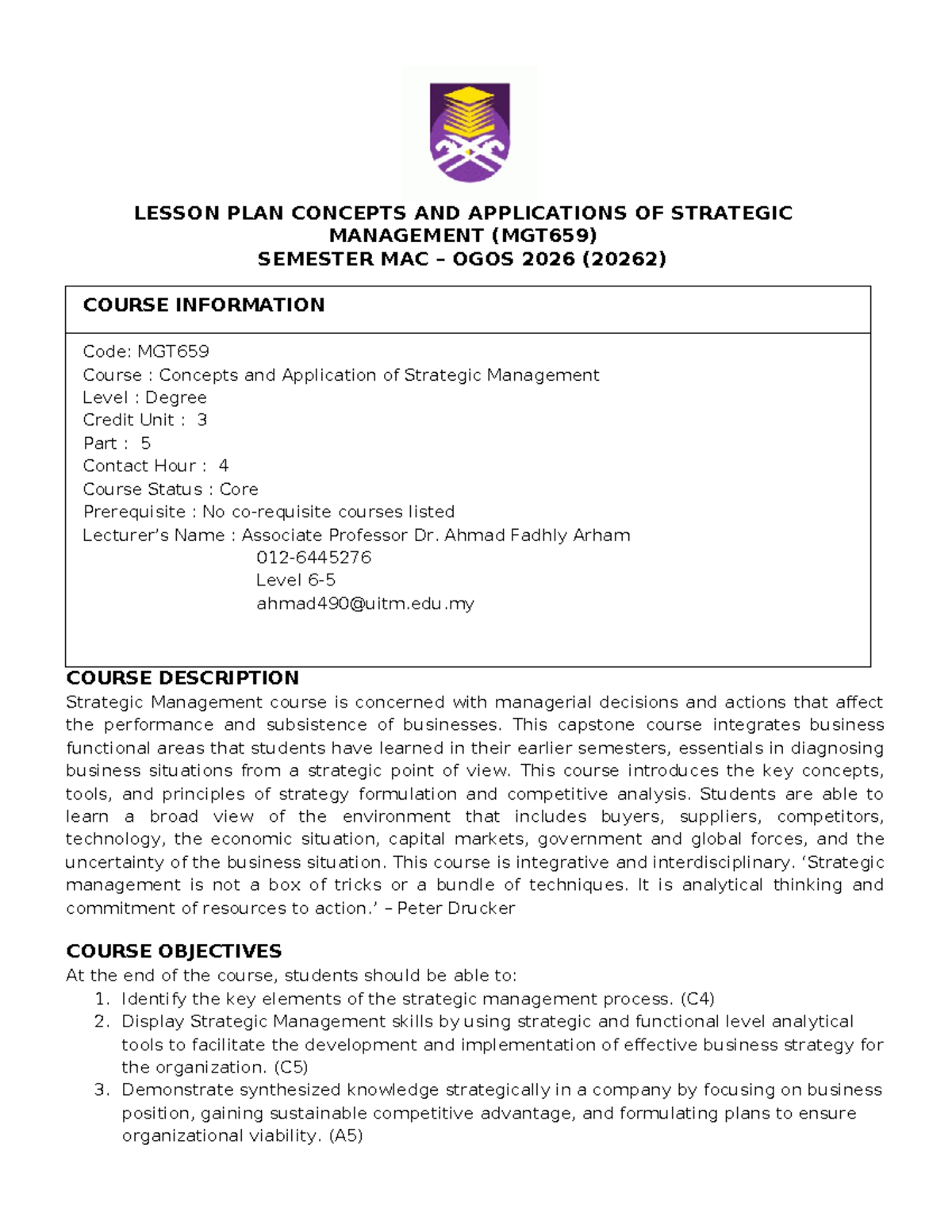 MGT659 - Lesson Plan: Concepts & Applications of Strategic Management ...