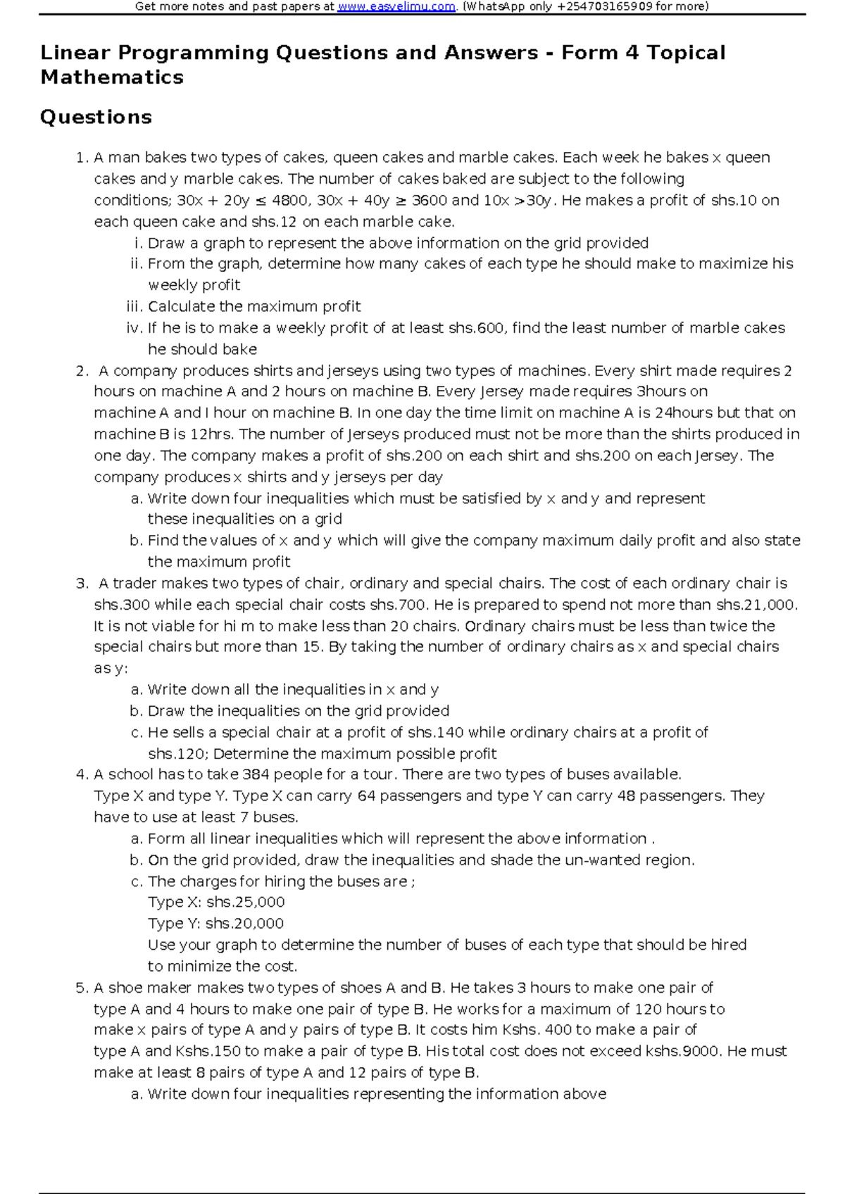 Linear Programming Q&A - Form 4 Topical Mathematics Solutions - Studocu
