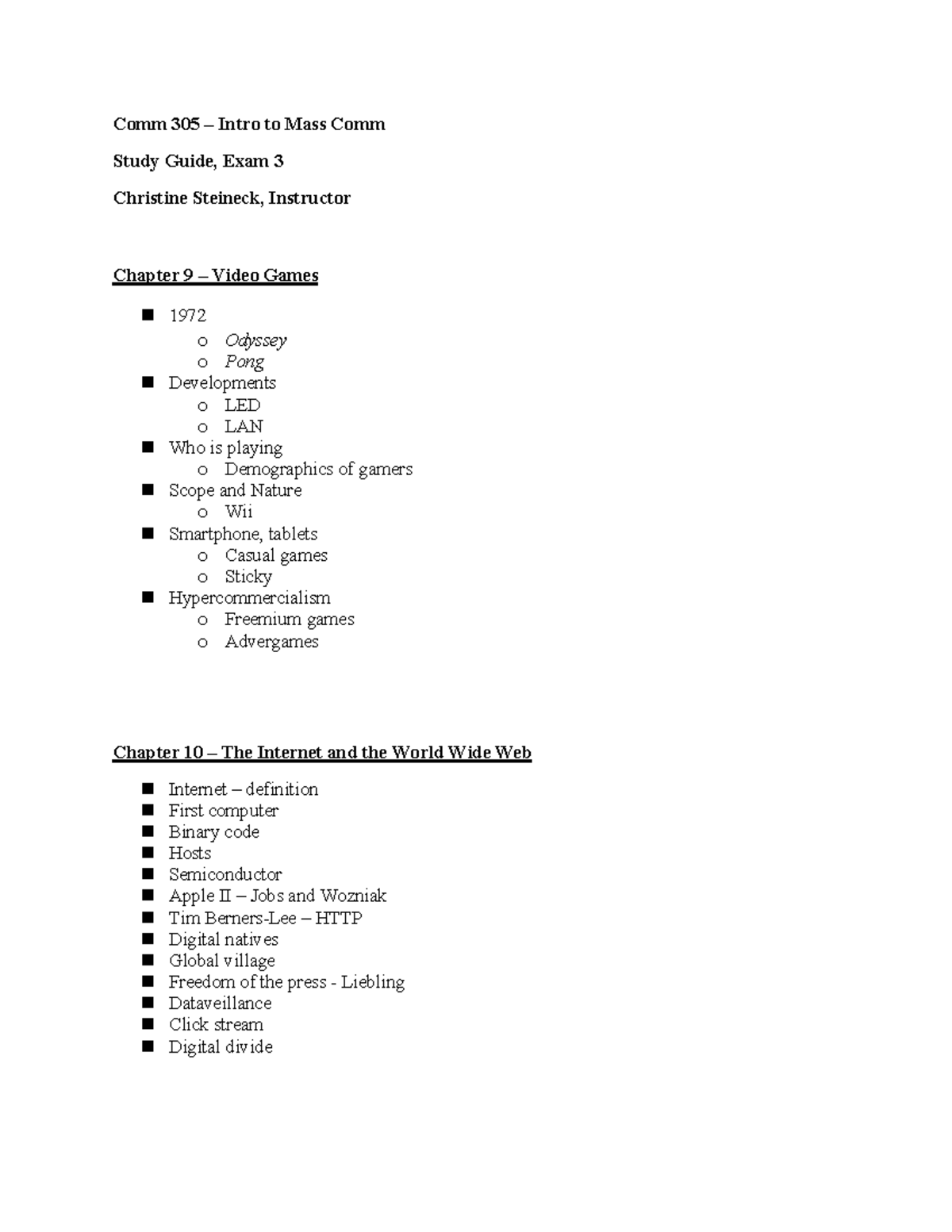 Exam Three - Steineck - Comm 305 Intro to Mass Comm Study Guide, Exam 3 ...